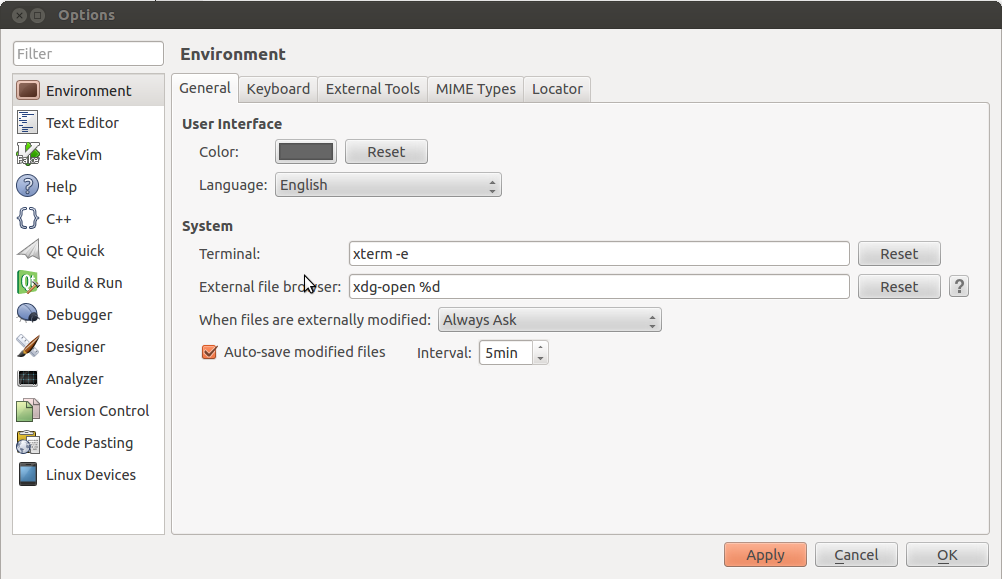 Change terminal configuration in Qt Creator