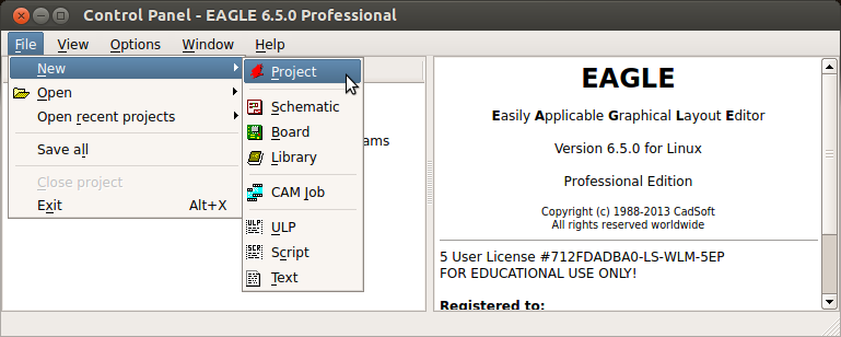 Create a new EAGLE project