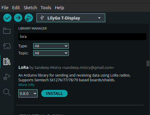 Install the LoRa library in the Arduino IDE library manager