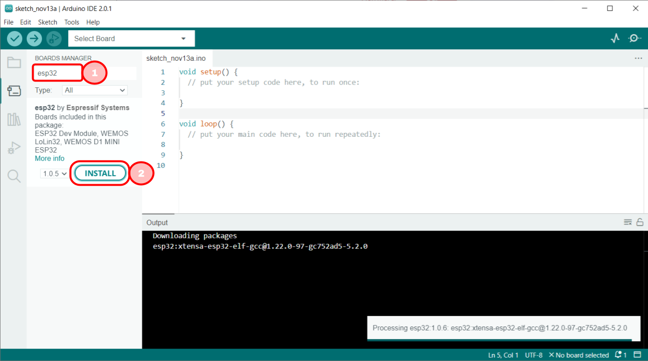 Install ESP32 package in the Arduino IDE editor