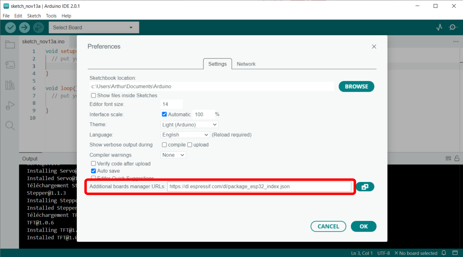 Add ESP32 additional boards in the Arduino IDE