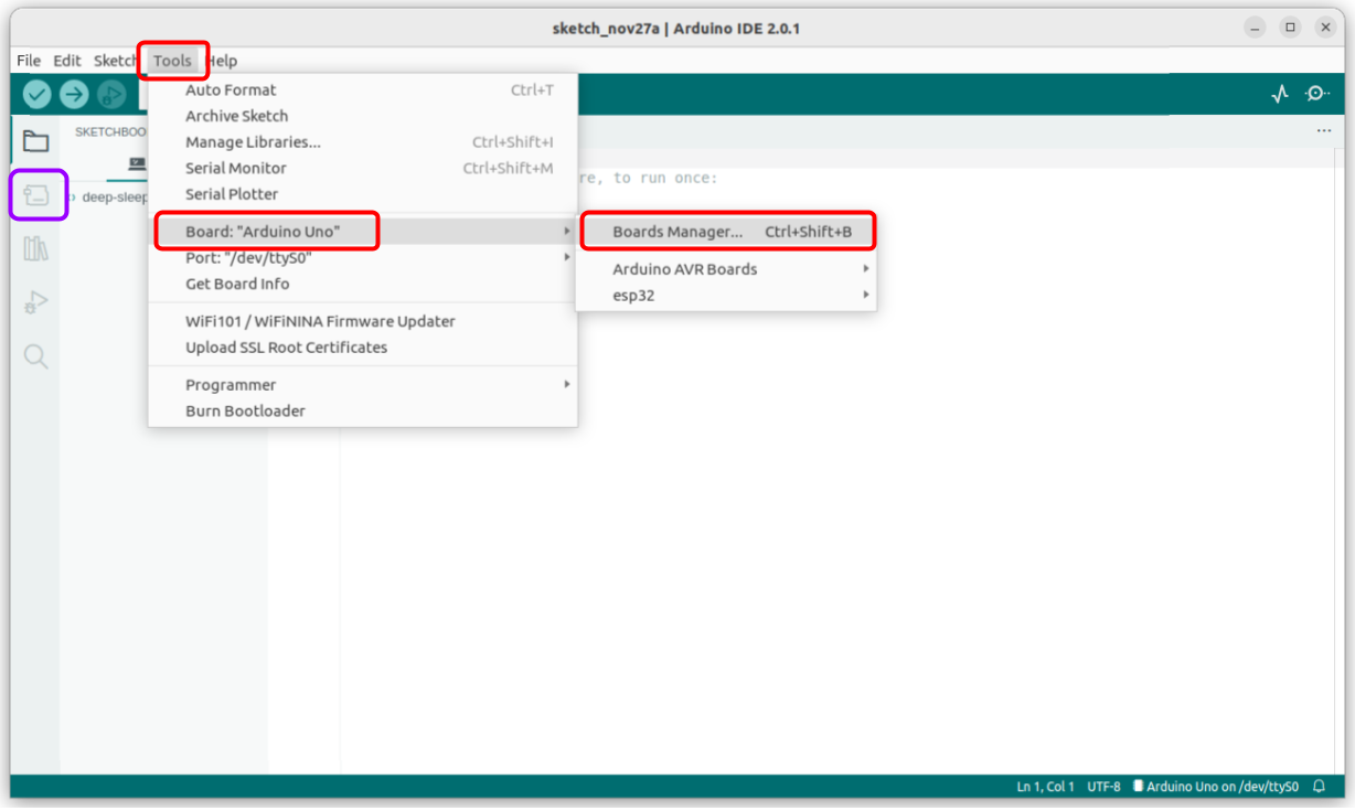 Open the Arduino IDE board manager