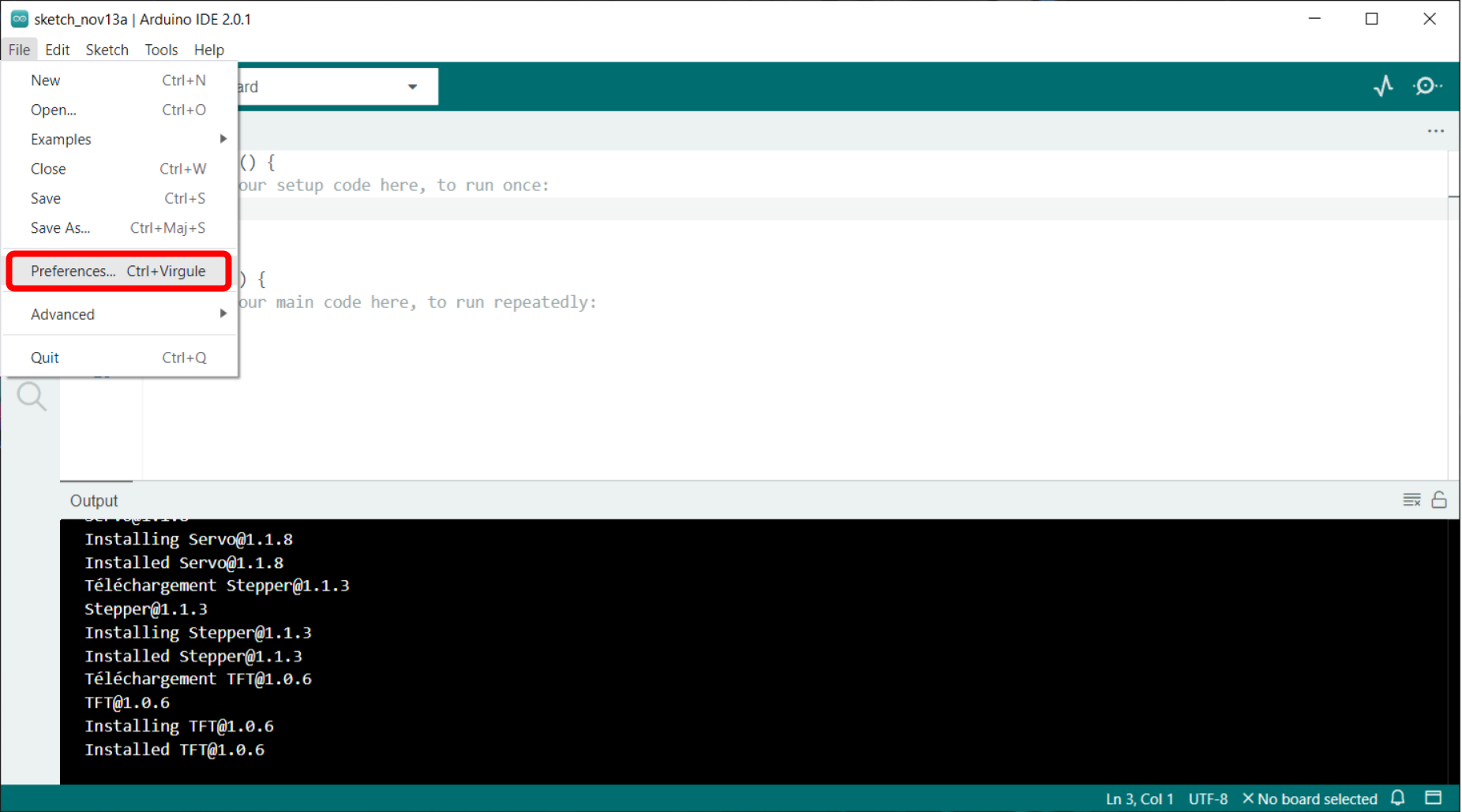 Preference menu in the Arduino IDE
