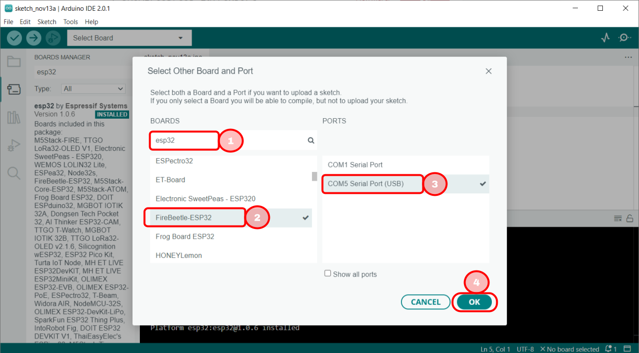 Select ESP32 board and serial port