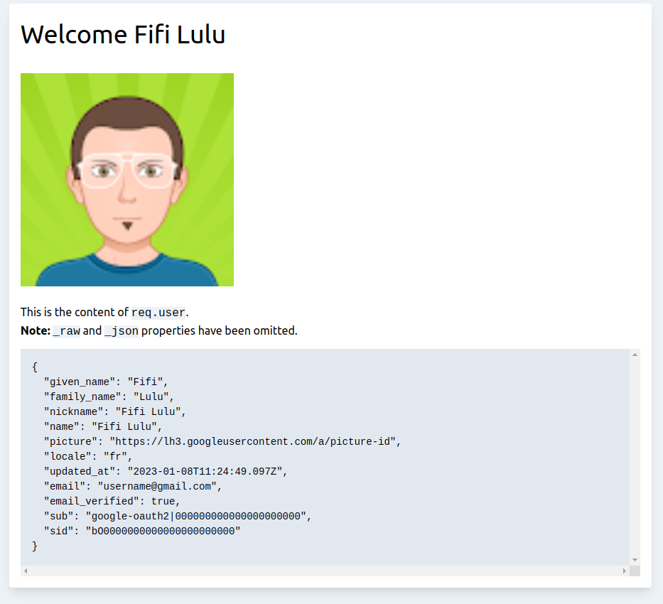 Profile information provided by Google / Auth0