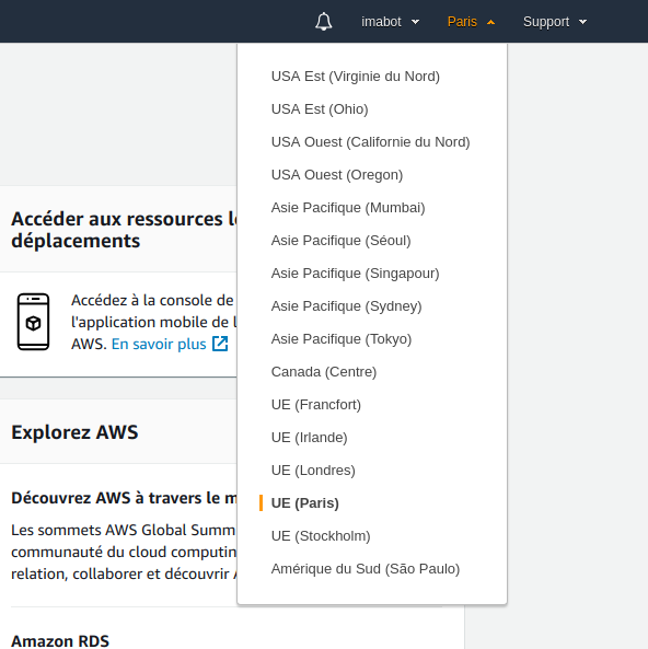 Select location in AWS console