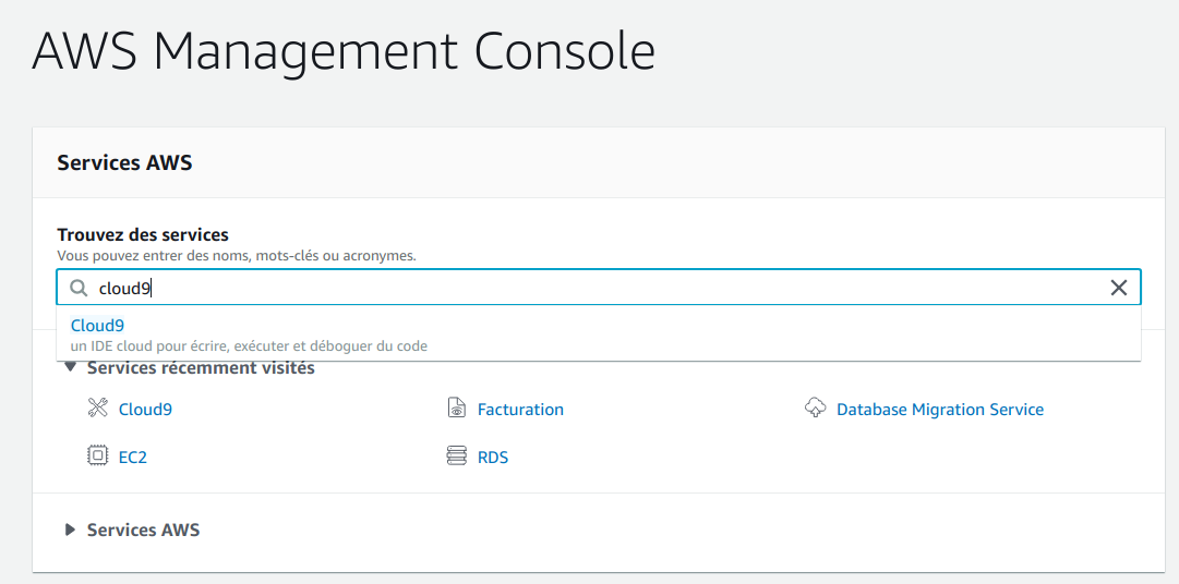 Select cloud9 service in AWS console