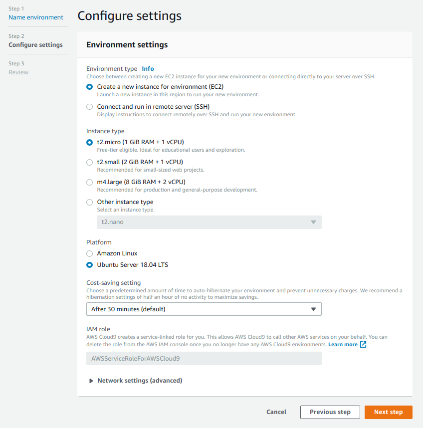 Settings of the AWS EC2 Cloud9 environment