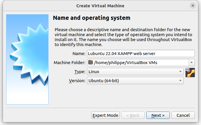 Create a new virtual machine, configure name and OS