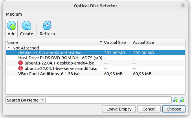 Select the debian iso disk as start-up disk