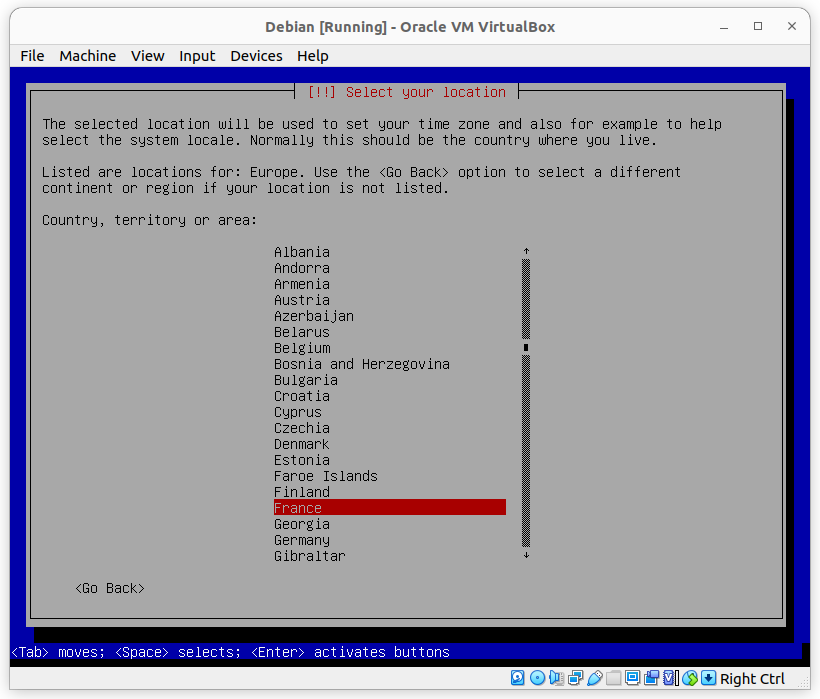 Debian 11 select country during installation