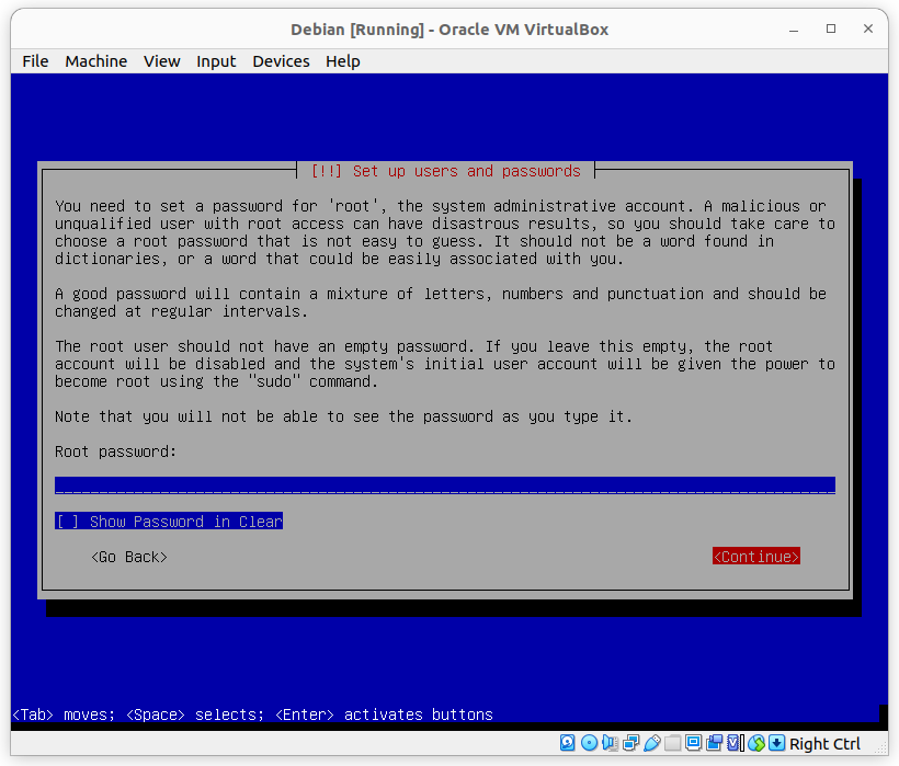 Set root password in Debian 11 installer