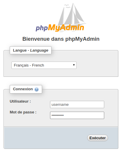 Home page of freshly installed phpMyAdmin