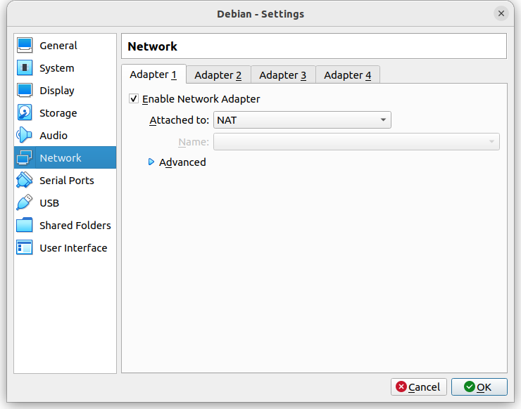 VirtualBox network settings