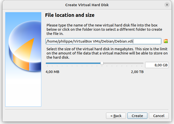Set file location and disk size for the virtual machine