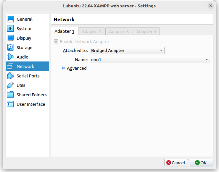 VirtualBox network settings