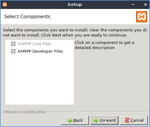 XAMPP installer, select components