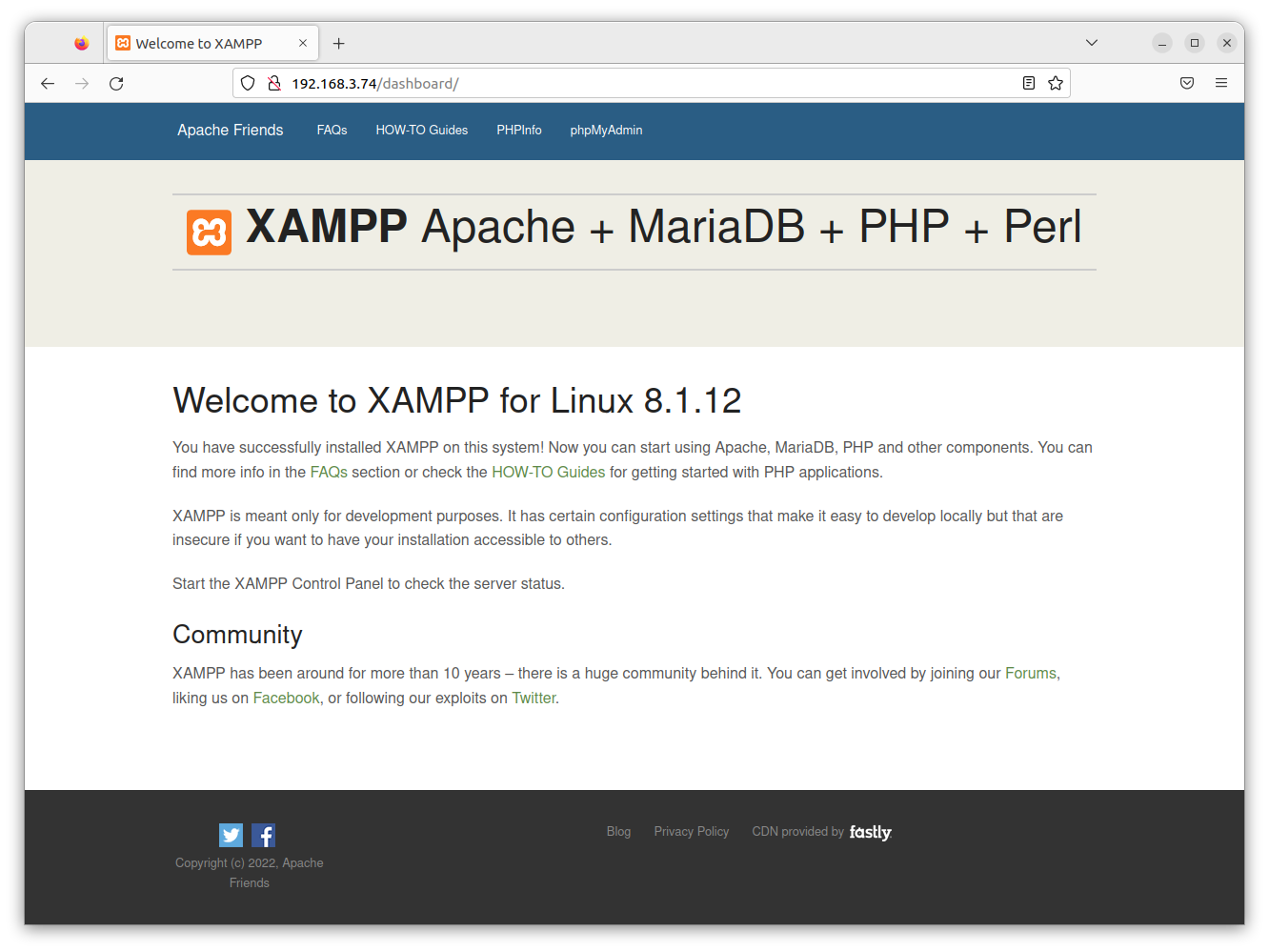 XAMPP web server available on host computer browser