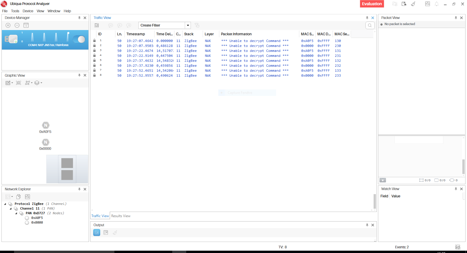 ZigBee traffic recorded by the ZigBee sniffer
