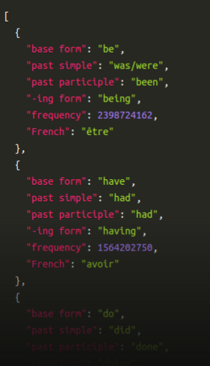 Liste des 200 verbes irréguliers anglais au format JSON avec traduction en français