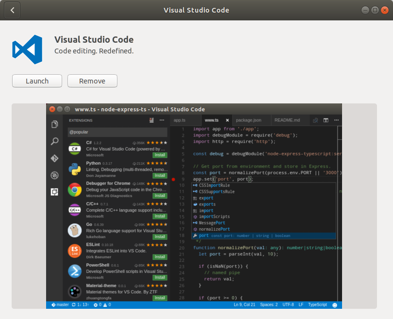 Capture d'écran de Visual Studio Code dans le gestionnaire d'applications