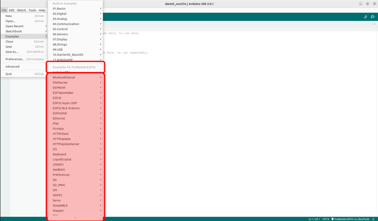 Liste des exemples pour l'ESP32dans l'IDE Arduino