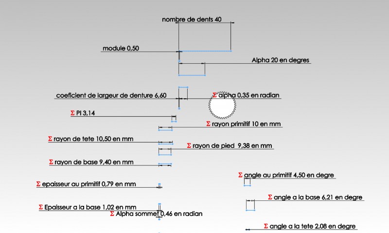 Paramètre de la roue dentée pour Solidworks