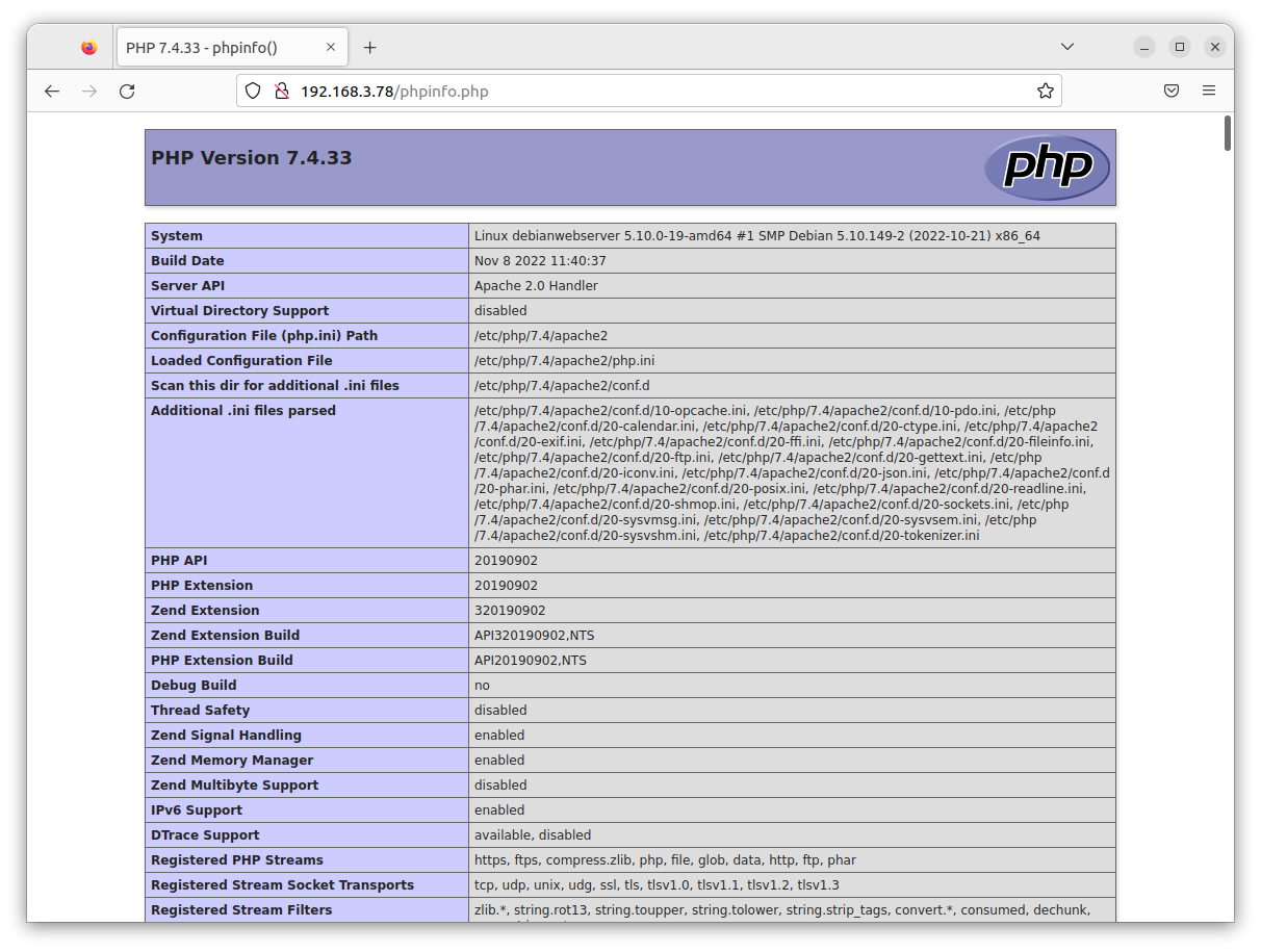 Page web qui affiche la configuration PHP