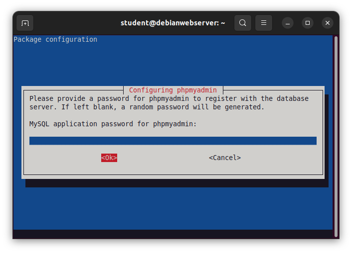 Demande du mot de passe pour la base de données pendant l'installation de phpMyAdmin