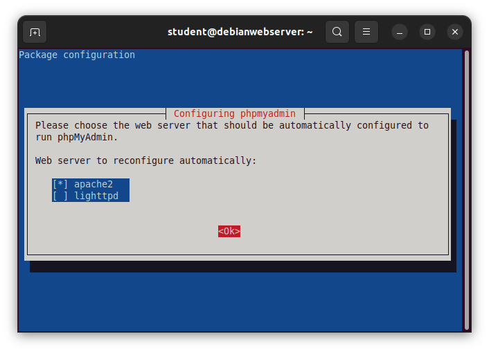 Installation de phpMyAdmin, sélection du serveur web