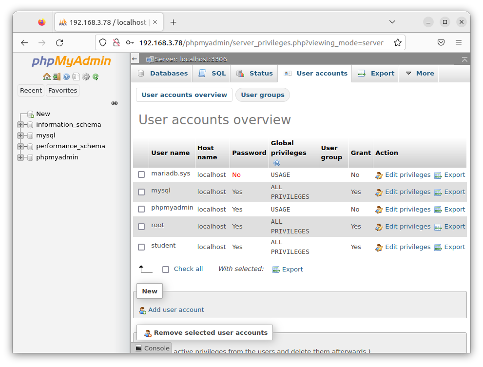 Onglet de gestion des utilisateurs de phpMyAdmin