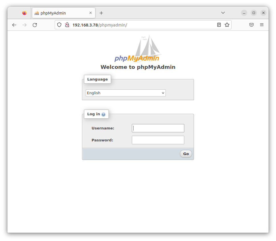 Page d'accueil de phpmyadmin